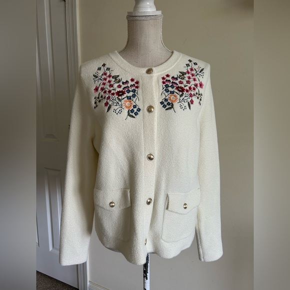 Anthropologie NVLT Button-Front Embroidered Knit Lady Jacket Ivory size L - Picture 2 of 10